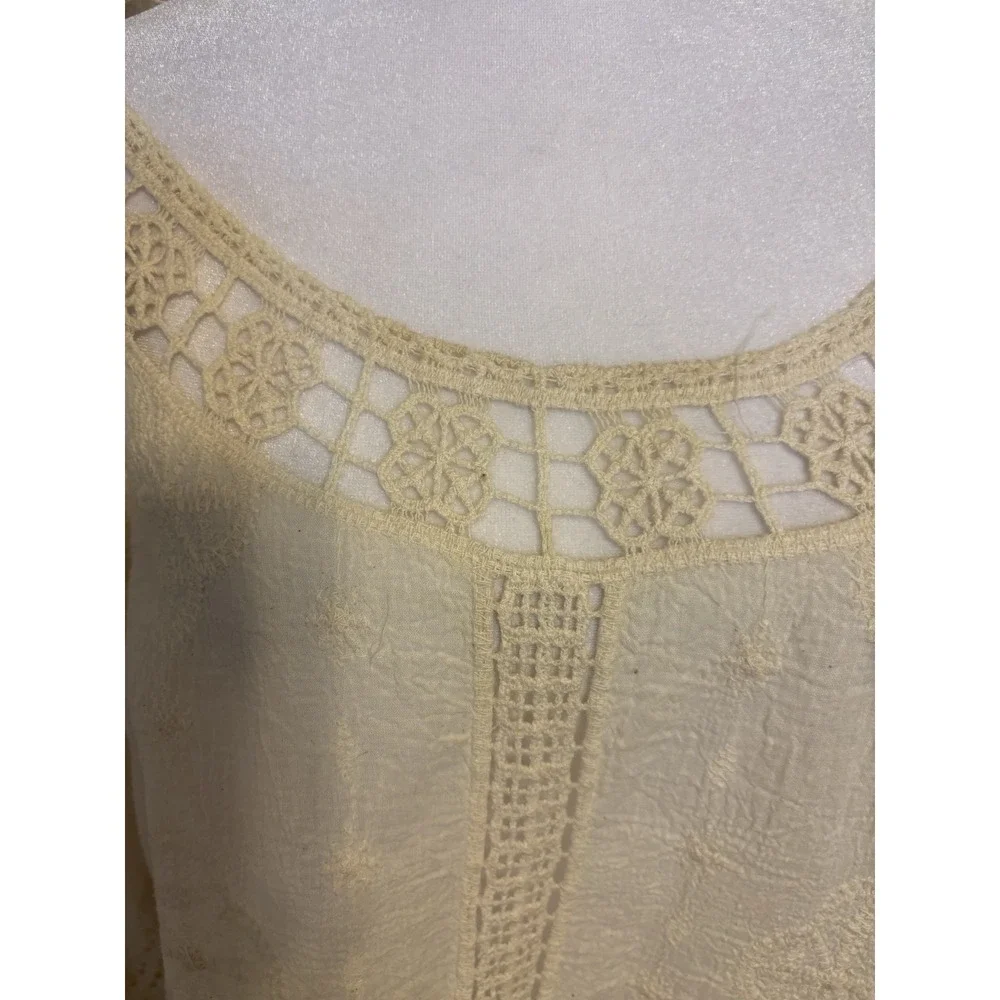 Democracy Cream 3/4 Sleeve Crochet And Lace Top, Size Medium, Boho